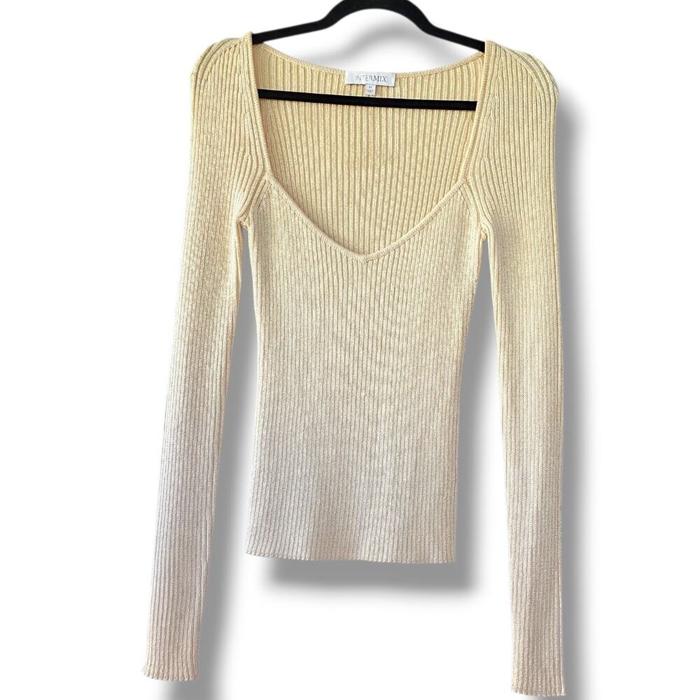Intermix Sweater Cream Womens Size M Ivory Long Sleeve Vanilla Ribbed Sweetheart